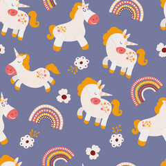 Seamless pattern with unicorns, flowers and rainbows. Decoration for the nursery.	