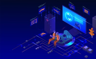 Console gaming set. Isometric desktop computer monitor, game controller. Play station gamer accessories, vector. © Siberian Art