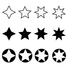 Vector set of stars with different shapes.  Black line shape and silhouette