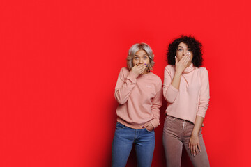 Surprised sisters covering mouth. Studio concept of promoting banner. Red wall. Curly haired adorable women