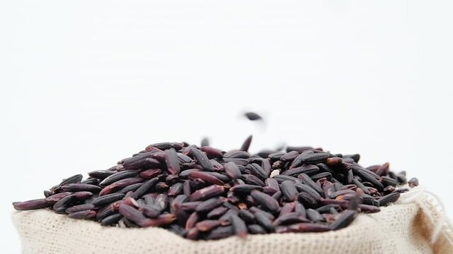 Slow motion of Black rice berry falling in bag, Close up.