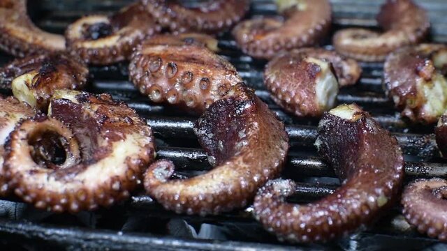 The octopus is cooking at grill . .  Food video close up. paning rigth to left.