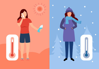 Woman in hot and cold weather in flat design. Young female in summer and winter climate.