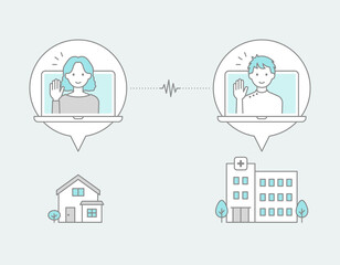 病院にいる医師が自宅にいる女性とビデオ通話でオンライン診療をしている、線画アイコン