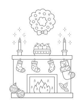 christmas coloring page with a fireplace,  a garland christmas stockings and more holiday season items. you can print it on a standard 8.5x11 inch paper
