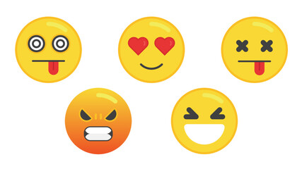 Set of Five Emoticon. Flat design emoji faces. Isolated vector illustration on white background