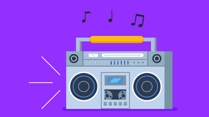 Old fashioned music player, ghetto blaster boombox radio. Flat style cassette player and tape recorder vector illustration.