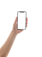 Fototapeta na wymiar close up hand hold phone isolated on white, mock-up smartphone white color blank screen