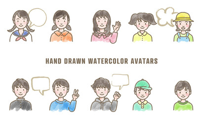 Set of hand drawn vector avatars, watercolor illustration of kids faces