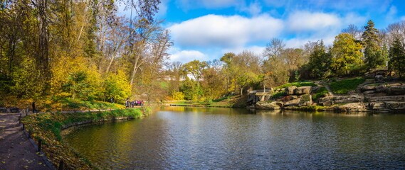 Sofiyivsky arboretum on a sunny autumn day. Uman, Ukraine