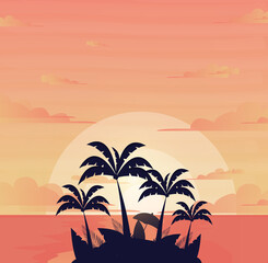 Sunset or sunrise in ocean, nature landscape background,  Evening or morning view Cartoon vector illustration.
beach illustration background