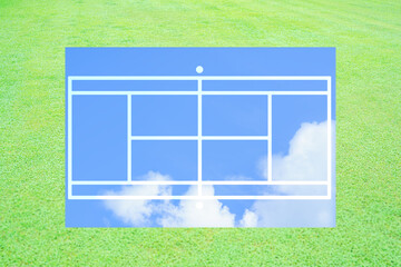 TENISS/テニス/テニスコートの図面/青空と芝生の背景/学校、部活、サークル/見出しタイトル用文字入れ背景素材