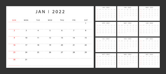 Calendar 2022 week start Sunday corporate design planner template.	
