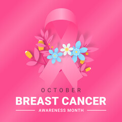 October breast cancer awareness month with ribbon and flowers