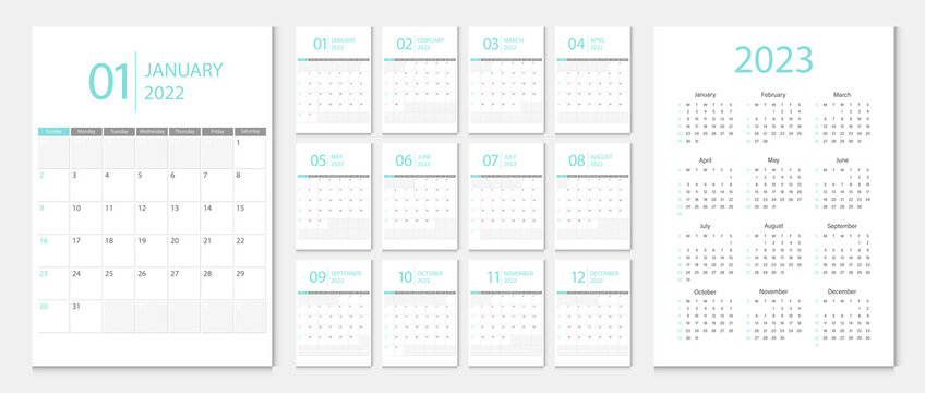 Calendar 2022, calendar 2023 week start Sunday corporate design template vector.	
