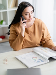 Important call. Office woman. Financial project. Business communication. Serious elegant lady...