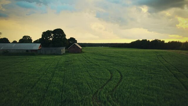 Countryside Farm Fields Near Hjo, Sweden At Sunset - aerial shot
