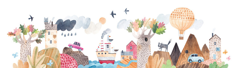 Autumn. Watercolor landscape, mountains, hills, lake, trees and cute houses. Lake among the hills. Horizontal landscape. © bukhavets