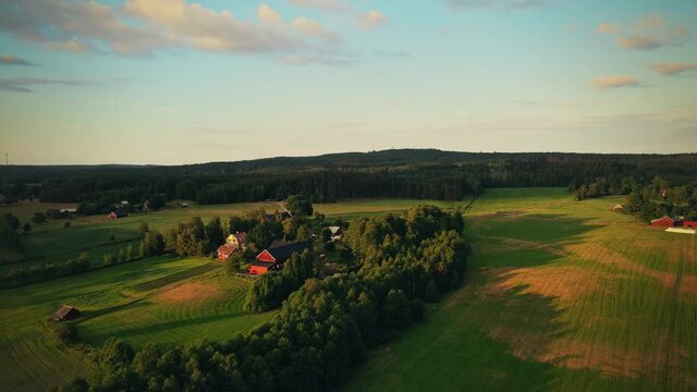 Countryside Village In Thicket Woods At Summer Near Hjo, Sweden. - Aerial Drone Shot