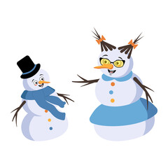 Cute Christmas snowman and snow woman with joyful emotions, smile face, happy eyes, arms and legs. Joyful New Year festive decoration with kind expression, grandmother with glasses and grandson
