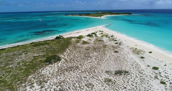Aerial Shot Move forward  Along The Shore camera move up over cayo de agua beach  los roques ,  venezuela  Fantastic, landscape.