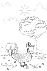 Cute duck farm animals coloring book educational illustration for children. Rural landscape colouring page. Vector black white outline cartoon characters