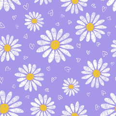 Obraz premium Cute seamless pattern with hand drawn chamomile flowers and hearts isolated on purple background.
