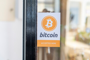 Virtual Money Cryptocurrency. Bitcoin accepted here. Bitcoin BTC Logo accept payment by crypto...