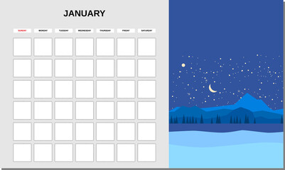 Calendar Planner January month. Minimalistic landscape natural backgrounds Winter. Monthly template for diary business. Vector isolated