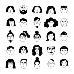 Collection of portraits on a white background. Man and woman avatars. Doodle user pic set. Vector illustration. - 449803712