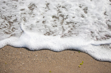 a small foamy wave on the sand
