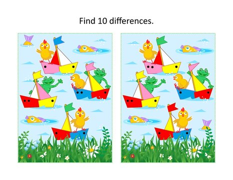 Pond regatta picture puzzle with chicks, frogs, toy sailboats, fish, grassy coastline. Find 10 differences.
