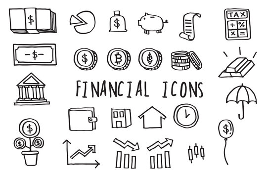 Vector Illustration Of Money Financial Icons In Doodle Hand Drawn Lines. Minimal Simple Drawing Sketch Of Money Asset Allocation Concept. 