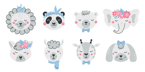 Set of cute animal faces and flowers in flat style. Collection of characters lion, panda, bear, elephant, fox, dog. Illustration animals for kids isolated on white background. Vector © Irina Gubanova