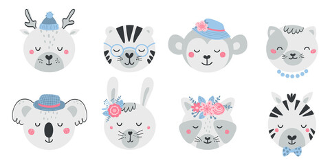 Set of cute animal faces and flowers in flat style. Collection of characters deer, tiger, monkey, cat, koala, hare, raccoon, zebra. Illustration animals for kids isolated on white background. Vector