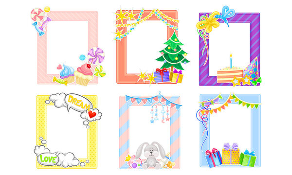 Photo Frame or Picture Frame Decorated with Elements Vector Set