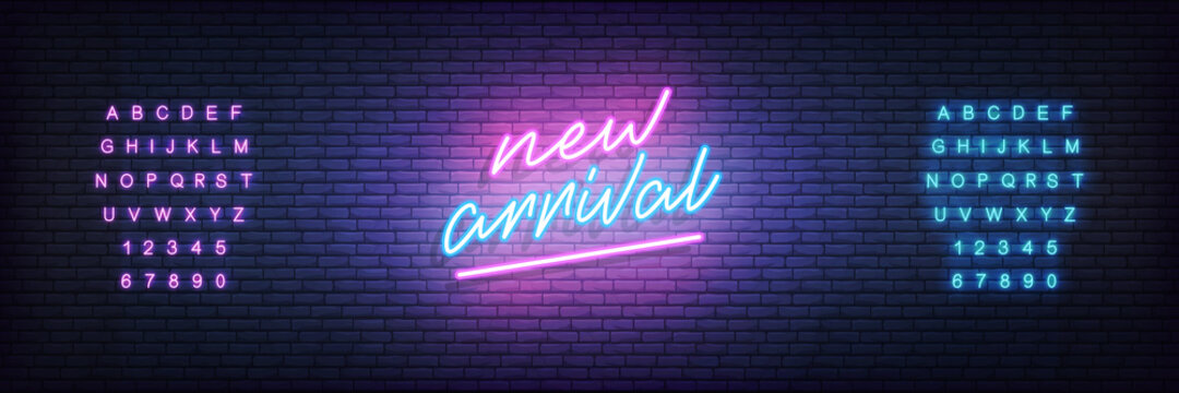 New Arrival neon template. Glowing neon lettering New Arrival sign