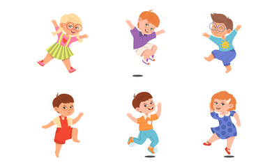 Boy and Girl Character Jumping with Joy and Excitement Vector Illustration Set