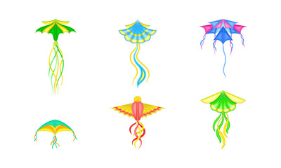 Colorful Kite as Tethered Craft with Wing Surfaces and Tail Vector Set