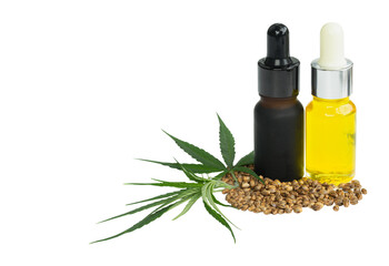  CBD hemp oil, Hemp oil extract in glass bottles , medical marijuana concept, on a white...