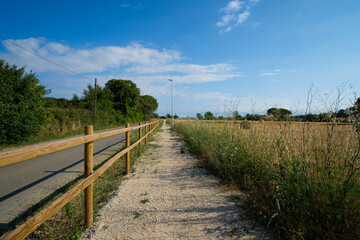 Fototapeta na wymiar Gravel path with wooden fence on a rural landscape on a sunny day