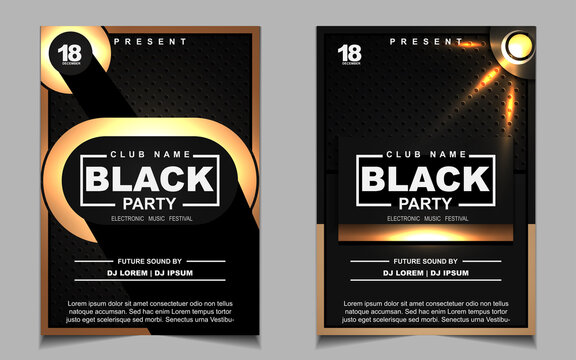 Luxury night dance party music layout cover design template background with elegant black and gold style. Light electro style vector for music event concert disco, club invitation, festival poster
