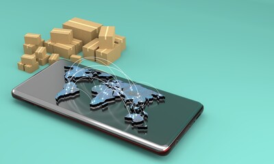 Smartphone world map with connections on the background of boxes with purchases. Concept for online trade or delivery of goods. 3d illustration