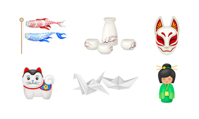 Japan Symbols with Origami Figures and Porcelain China Vector Set