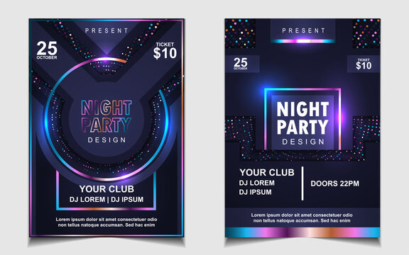 Night dance party music layout cover design template background with colorful dark blue glitters style. Light electro vector for music event concert disco, club invitation, festival poster, flyer