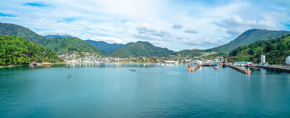 scenery from Cook strait ferry seeing the coast of Picton, the famous port town of South Island of...