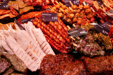 Various types of raw meat products for sale in the store