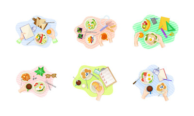 Hands Having Breakfast Above Table View with Meal on Plate Vector Set