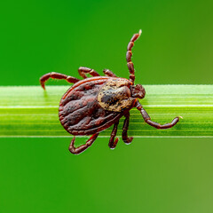 Encephalitis Tick Insect Crawling on Green Grass. Encephalitis Virus or Lyme Borreliosis Disease Infectious Dermacentor Tick Arachnid Parasite Macro.