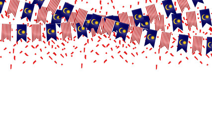 Malaysia independence Day celebration template banner, Malaysian flags garland white background with confetti, vector background